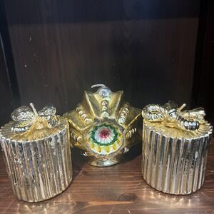 Lead-less Wick Italy Gold Tones Candles Indent Ornament Style Set Of 3 Holiday